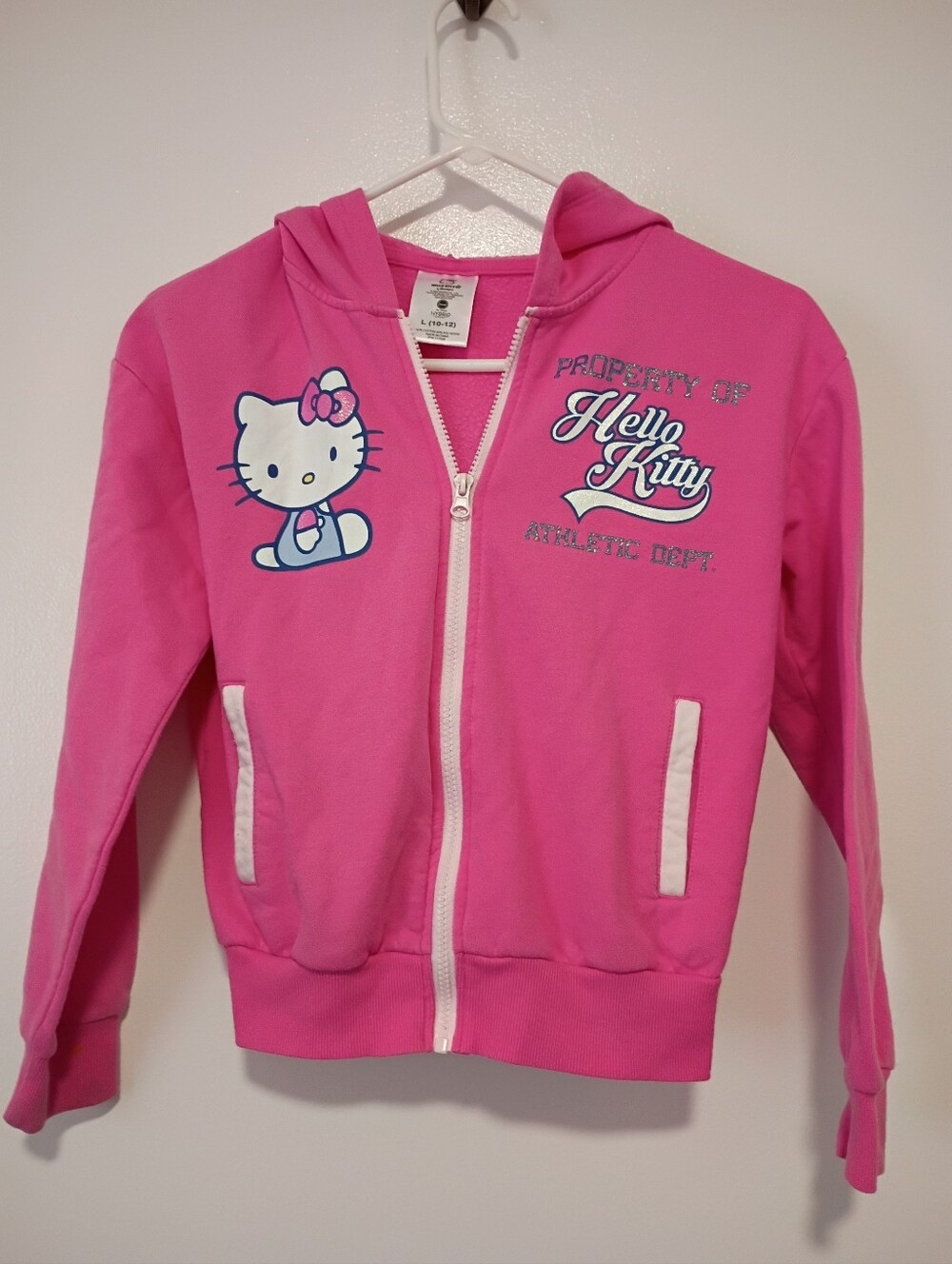 Hello Kitty Hot Pink Zip Hoodie with White Trim Girls Size 10-12 Jacket
